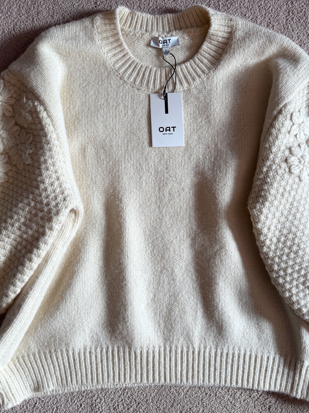 OAT New York Cream Floral
Embroidered Sleeve Knit
Sweater NWT Size L